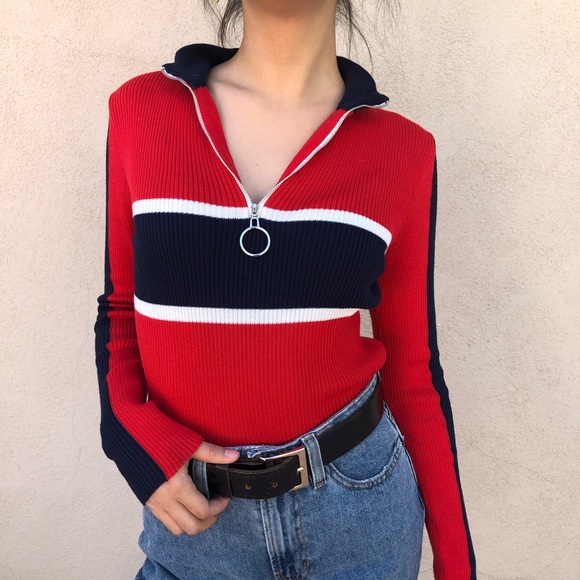 Vintage Red, White, Blue O-Ring Zip Knit Top - Picture 2 of 4